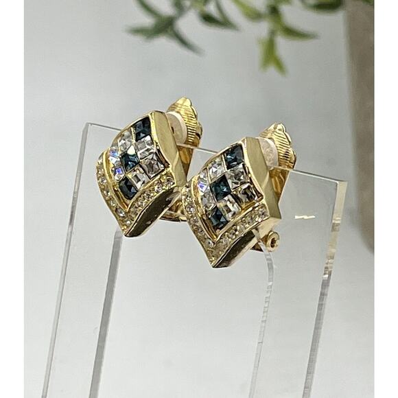 Christian Dior Vintage Gold Plated Diamond Shaped Blue Stone Clip On Earrings - Picture 8 of 10